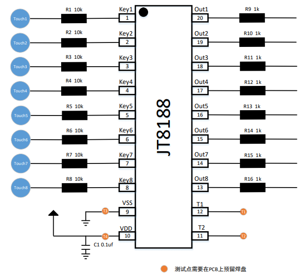 JT8188 是一款电容式八按键触摸控制芯片